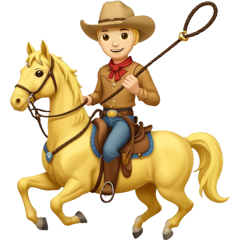 Cowboy riding a horse with whip. Cowboy With yellow skin and smilling. Simplize it and I need a full pic with horse. Like I need the leg part too emoji