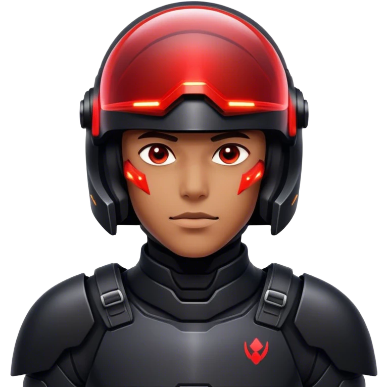 A futuristic soldier in sleek black armor, red LED lights reflecting on his visor. emoji