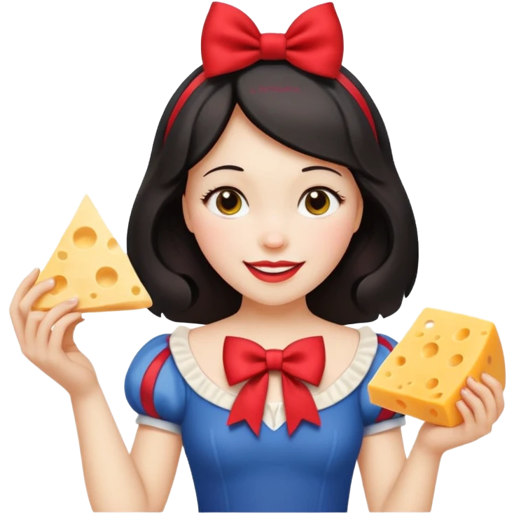 Happy Snow White with red bow in hair and holding triangle wedge of cheese emoji