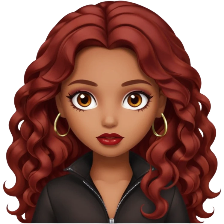 tan skin, girly bratz baddie, beautiful dark brown eyes, pretty makeup, long dark red wavy hair emoji