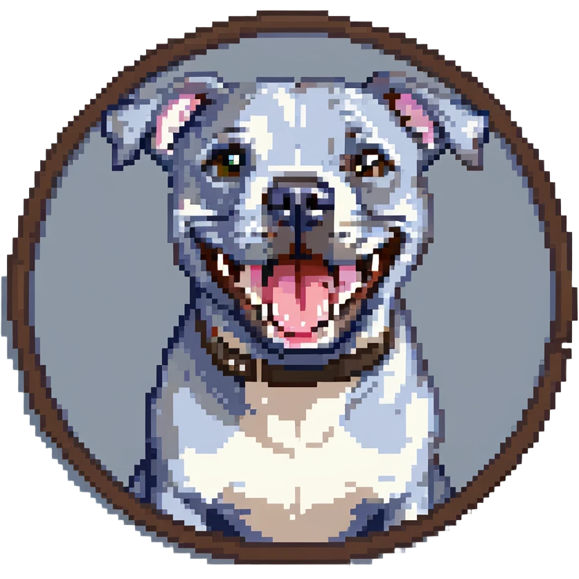 round circle puppy head only, full grey bleu staffy, big open mouth, big tongue out, stupid expression emoji