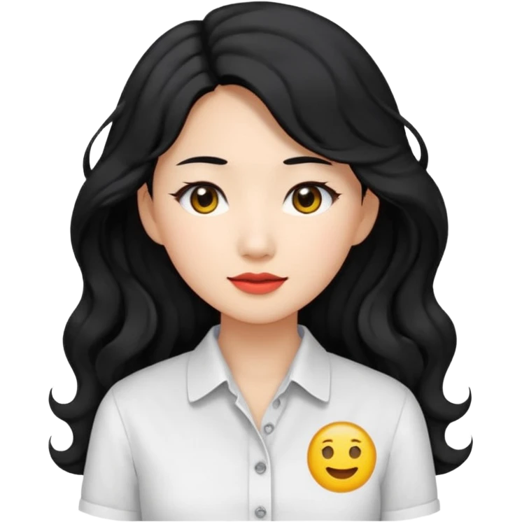 Asian woman, black hair, long permed wavy hair, white button-up shirt, emoji style, flat colors, transparent background. emoji