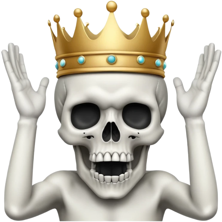 A shocked skull with a crown on top, both hands raised pressing on its head in disbelief, black and white emoji