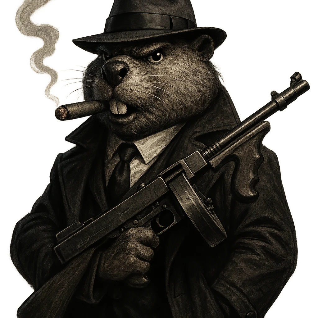 confident anthropomorphic beaver as a 1920s gangster, wearing a black suit, trench coat, white shirt, black tie, fedora hat, smoking a cigar, holding a Tommy gun, dramatic gritty noir lighting, realistic cartoon style, transparent or simple background emoji