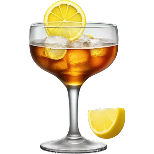 A glass of jagermeisteir with an ice cub and a slice of lemon emoji