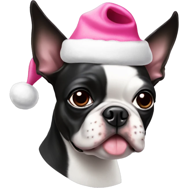 Boston Terrier wearing pink Santa hat emoji