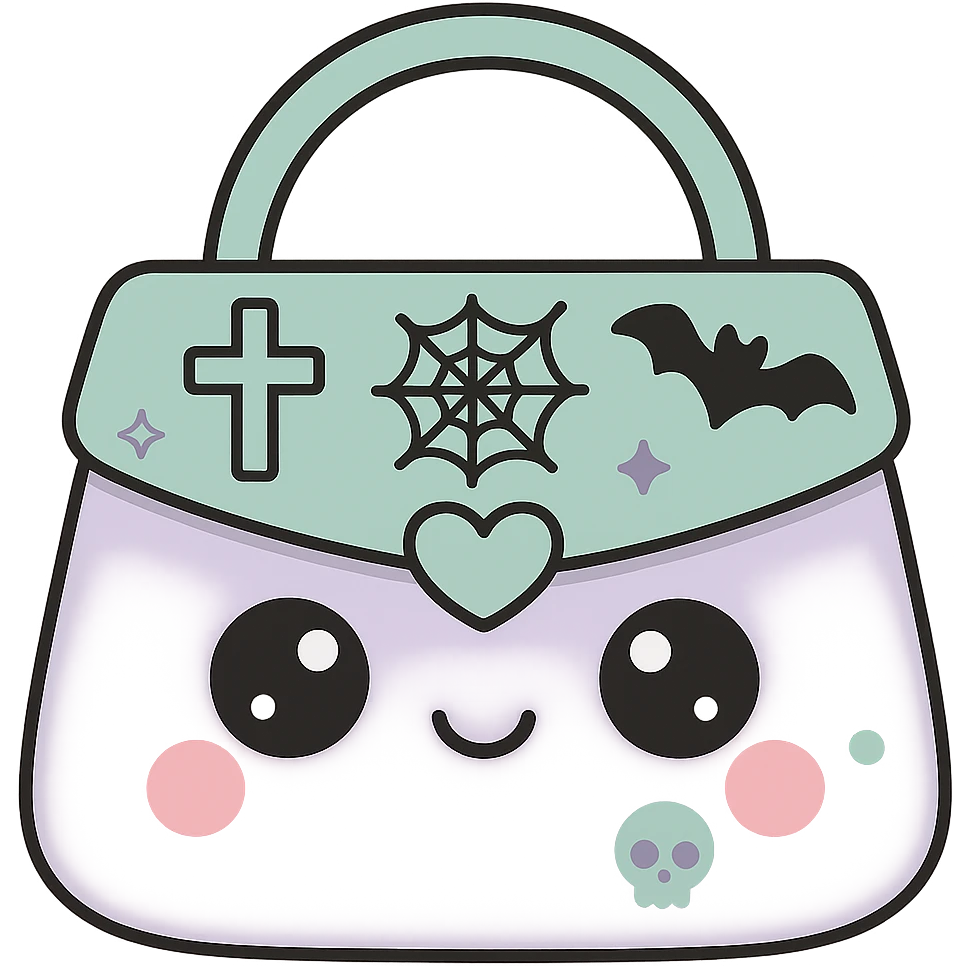 Add more gothic details such as crosses, spiderwebs, bats, and skulls to the white and black gothic kawaii purse. Keep big eyes, smiling, cartoonish, playful style, no background. emoji