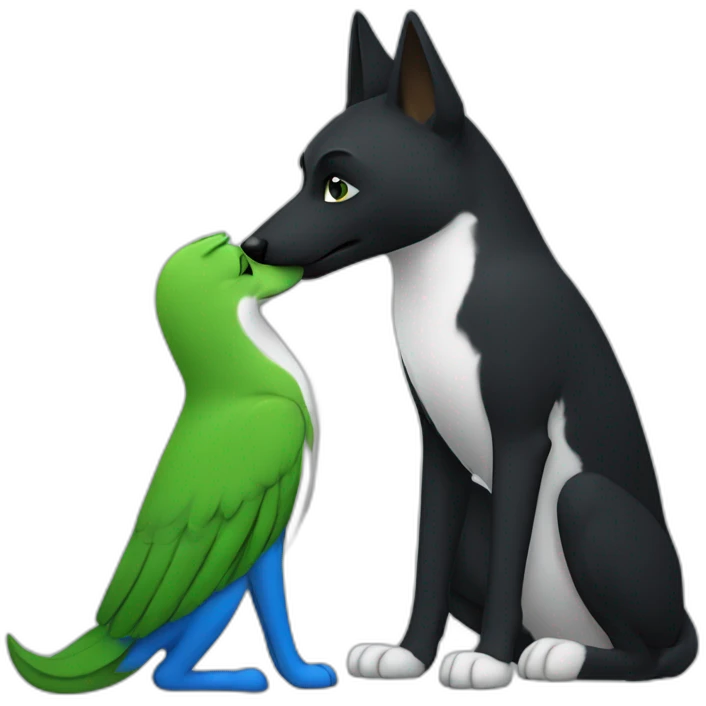 Anthropomorphic black, green, and white dingo kissing a blue anthropomorphic bird emoji