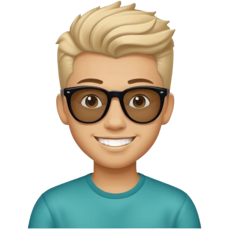 14 year old Mexican with a pompadour with the left side of his hair a little bit on the face grinning with sunglasses emoji