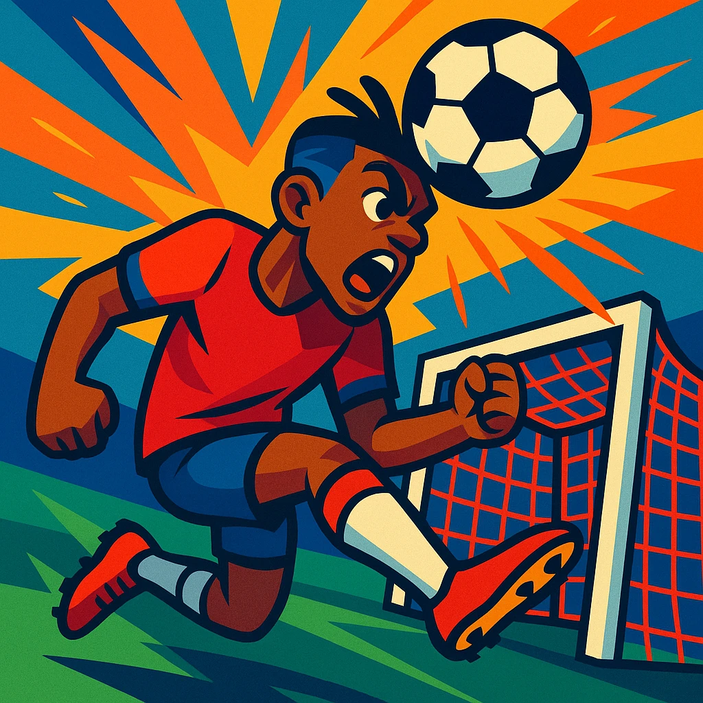 a footballer scoring a header, vibrant action, dynamic pose, energetic cartoon style, colorful, dramatic moment, expressive, stylized illustration emoji
