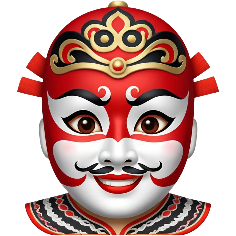 "Create a round-faced emoji featuring a Peking Opera red mask with bold black and white patterns. The emoji should have a friendly and expressive look, maintaining traditional opera facial markings while appearing modern and digital-friendly. It should convey a joyful and heroic emotion, with a confident smile and bright eyes, reflecting the red mask's symbolism of loyalty and bravery." emoji
