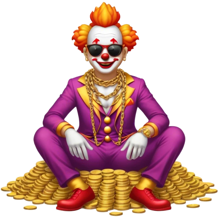 Clown with big golden chain on the neck wearing sunglasses sitting on the big pile of gold coins  full height. emoji