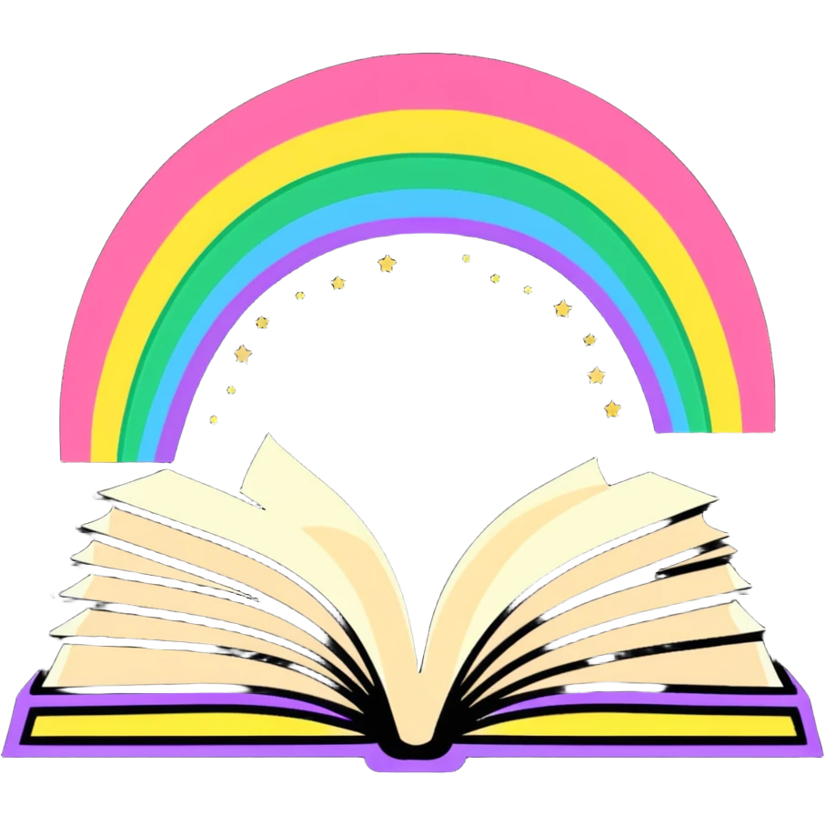 Rainbow colored book with twinkling sparkles around it emoji
