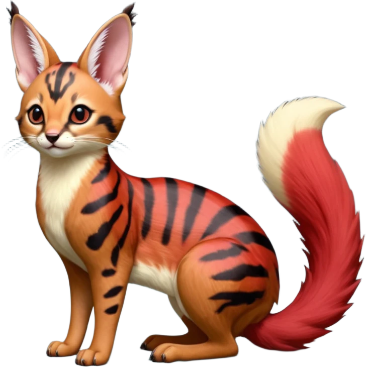 hyper-realistic sanguine-red black-streaked natural realistic divine beautiful elegant pretty precious cute young youthful  Fakémon-Pokémon-alien-opossum-squirrel-feline-serval-caracal-chinchilla-Minccino-Cinccino-Meowstic-rodent-hybrid-creature with a big fluffy bushy tail (full body) emoji