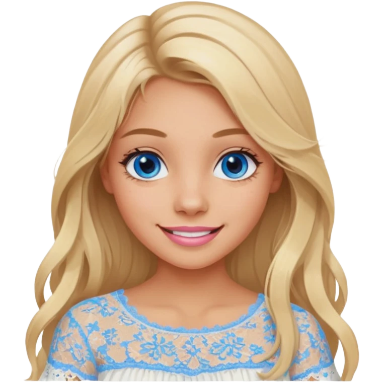 create an emoji of a young woman, tanned face, smile. she has an innocent natural look, very messy extremely long blonde hair, blueeyes, natural soft pink lips. she wears a very loose vextremely white lacy top emoji