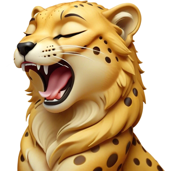 Cinematic Cute Yawning Cheetah Portrait Emoji, Head tilted slightly with a dramatic, wide-open yawn, showcasing a soft, sleek golden Fur with distinctive spots and floppy ears slightly drooping, round amber eyes barely open in drowsy contentment, Simplified yet irresistibly adorable features, highly detailed, glowing with a soft, cozy glow, high shine, relaxed yet expressive, stylized with a touch of savannah whimsy, bright and endearing, soft glowing outline, capturing the essence of a sleepy yet affectionate cheetah, so drowsy it feels like it could stretch right out of the screen and curl up for a nap! emoji