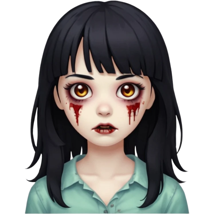 Zombie girl, black hair with bangs, slightly wavy,long hair,long eyelashes, black eyes,iOS style emoji