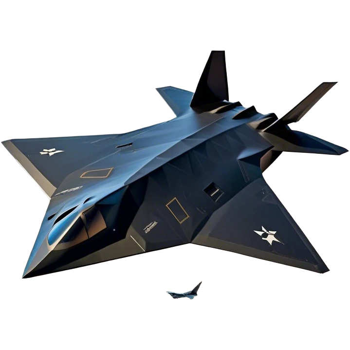 F-117 Nighthawk - Lockheed Martin (Stealth Grey) A futuristic stealth attack aircraft with a distinct faceted, angular design in a stealthy matte grey. Its sharp, jagged edges and unconventional, almost alien-like shape make it look like a shadow cutting through the night sky. The surface should appear non-reflective with subtle panel lines. emoji