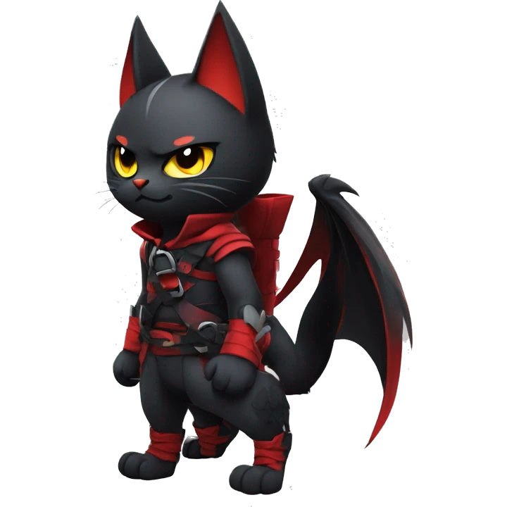 Cool Edgy Evil Ninja Litten-Nargacuga-Cat with black bat-wing-ears with a red harness full body emoji