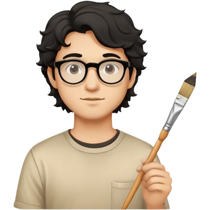 Young caucasian man with black wavy hair, round glasses, beige painting shirt, holding a square paintbrush emoji