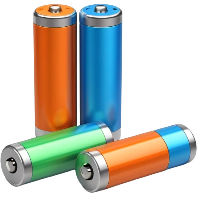 pair of cylindrical batteries with metallic tops and colored bands (orange, blue, or green) to indicate charge, positioned side by side or slightly angled, visible terminals, clean minimal design, no packaging, charger, or device, soft lighting, subtle shadows, emoji scale emoji