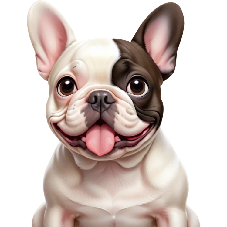 Cinematic Comical Pied French Bulldog Portrait Emoji, Head tilted with an exaggeratedly shocked, comical expression and wide, humorously expressive eyes, showcasing a distinctive pied fur of contrasting hues and a charmingly goofy face, simplified yet hilariously detailed, glowing with a sassy, playful radiance, high shine, exuding a mischievous and meme-worthy charm, styled with a soft glowing outline, capturing the essence of a Pied French Bulldog that looks ready to spark a viral laugh! emoji