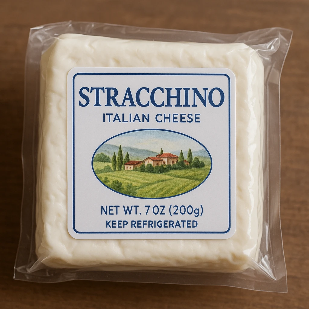 realistic photo of Italian stracchino cheese, stracchino in transparent packaging with label emoji