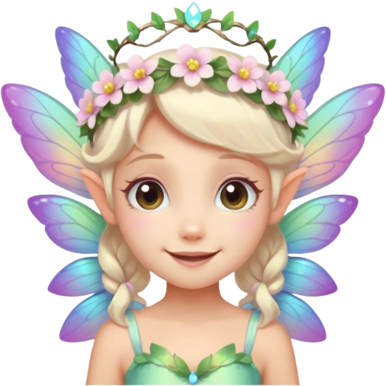 A tiny pastel fairy with glowing wings and a sweet smile and tiny flower crown
 emoji