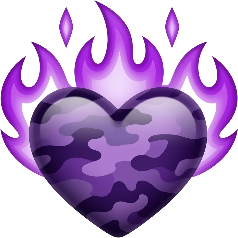 Dark purple camouflage heart with purple flames emoji