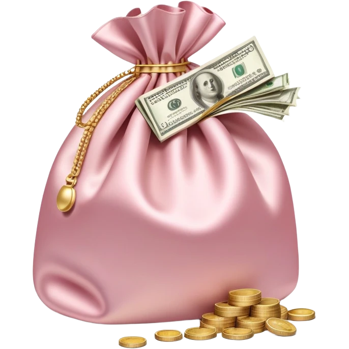 Soft pink satin money bag overflowing with cash, subtle luxury, no logos emoji