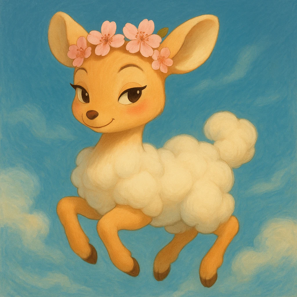 Transform this feminine vanilla cloud doe with rosy cheeks and cherry flowers on its head, floating gracefully, into a dreamy, whimsical Ghibli-inspired style with Pixar charm. Make the front of the doe peach-colored. Emphasize confidence, charm, and subtle allure, suitable for a social media brand mascot. Blend Ghibli and Pixar influences for brand identity, with a soft, elegant, and magical look. emoji