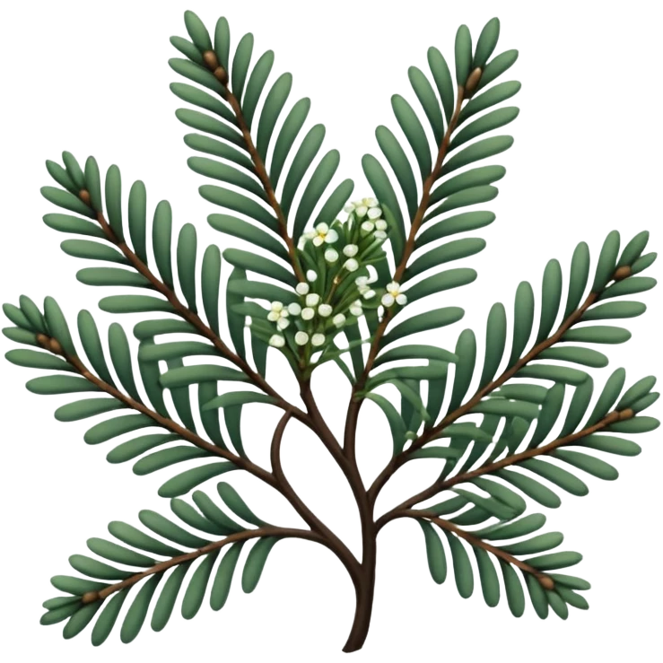 green pine leaves, small flowers, thin ebony branches, dull colored filigree design emoji