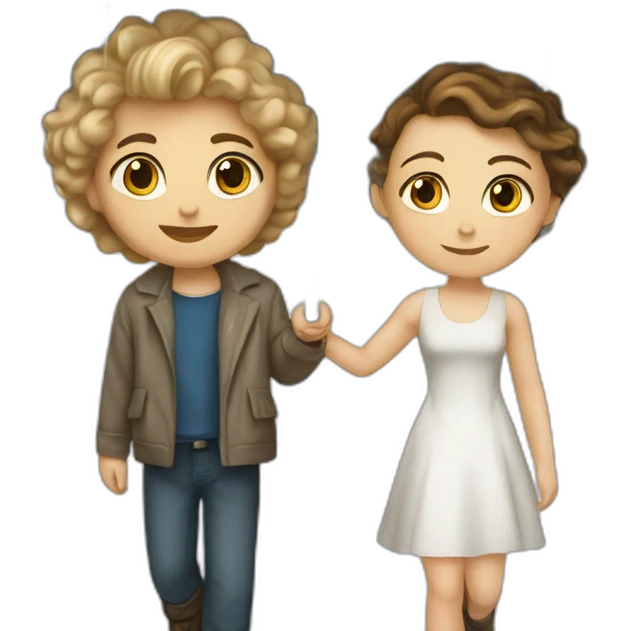 White Girl in deepneck dress with little curls and white boy walking under heavy rain with an umbrella emoji