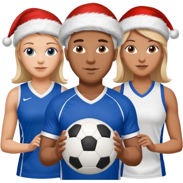 3 atletas, um homem no meio e duas mulheres com cores de pele diferentes, usando elementos esportivos, bola de futebol e bola de vôlei. Coloque um chapéu de papai noel das cores verde e com roupas azul e branco emoji