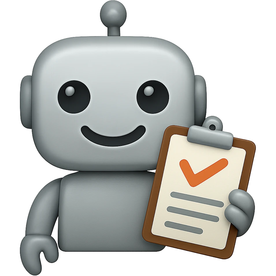 Make the recruiter robot emoji much cuter and more friendly, masculine, in apple style, flat and metallic, holding a clipboard, with a transparent background. emoji
