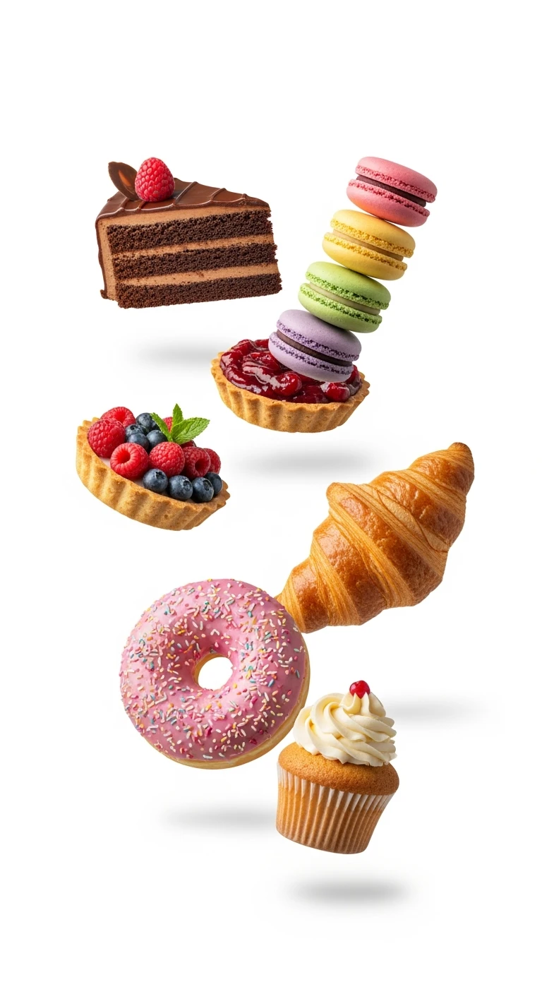 dolci che fluttuano, sfondo bianco emoji