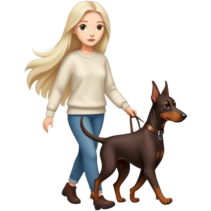 A beautiful long-haired white woman wearing a sweater walking a Doberman emoji