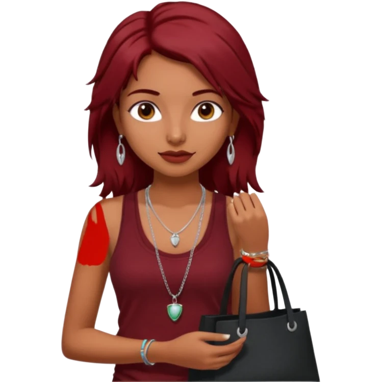 a pretty tan indian bratz girl with messy dark red hair, wearing a dark red tank top, layered silver necklaces. Carrying a black tote bag emoji