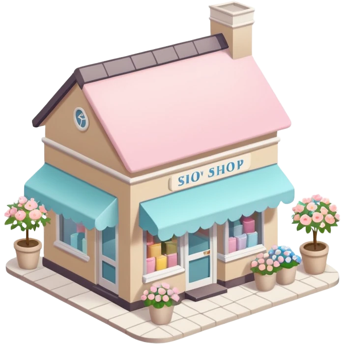 isometric exterior little beige and white shop with abundant pastel florals everywhere emoji