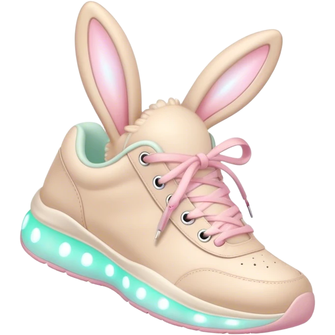 Cute Kawaii Shoe, small and bouncy, soft pastel sneakers with glowing highlights, cute sparkling eyes, a happy cheerful expression, laces tied like bunny ears! emoji