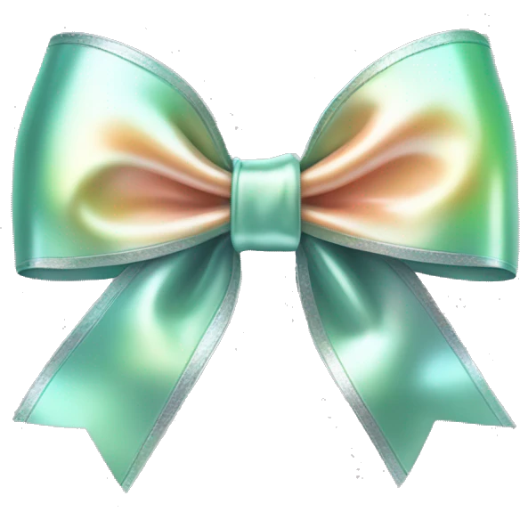Realistic isolated metallic silver with mint green and peach sheen holographic bow. emoji