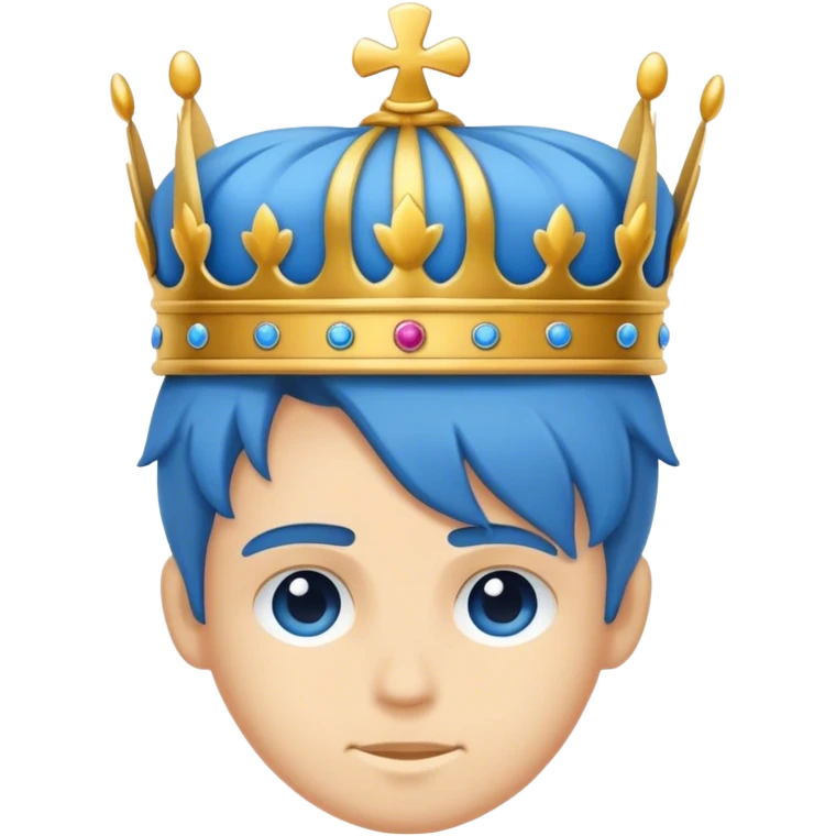 Ein lachender Junge mit sehr wenig Haare mit einer Krone auf dem Topf in blau emoji