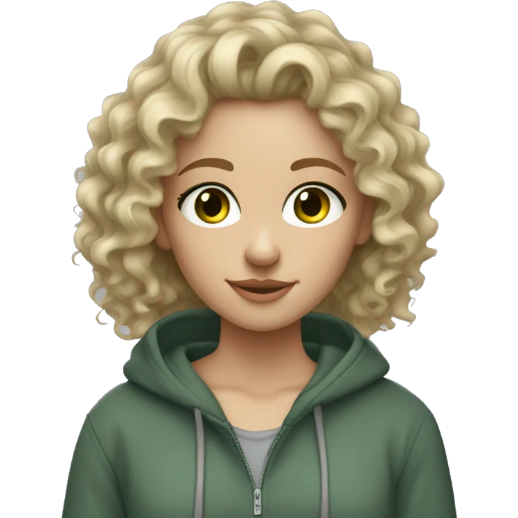 Dirty blonde curly hair, fair skin,dark green eyed blonde girl wearing grey hoodie  emoji