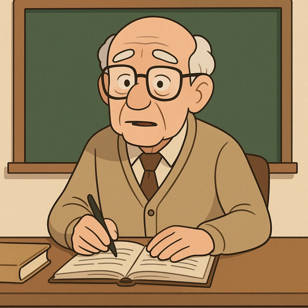 an old male teacher, 80 years old, balding with white hair, wearing spectacles, sitting at a desk, cartoon style emoji