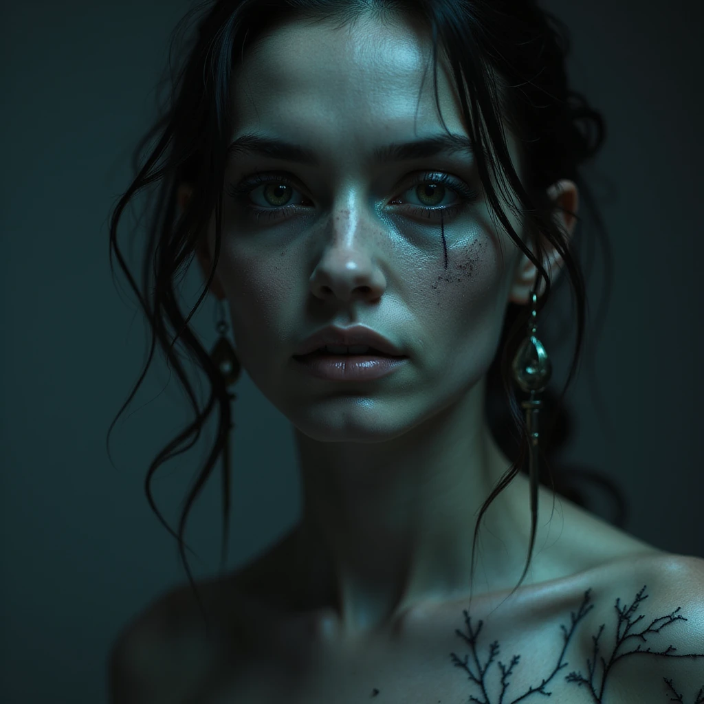 realistic horror portrait of a supernatural beauty with sharp features, ghostly glow, gothic earrings, horror lighting emoji