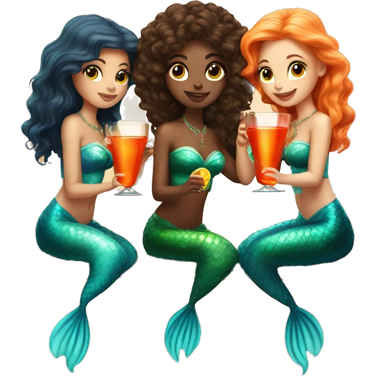 Three beautiful mermaids (light skin) drinking aperol emoji