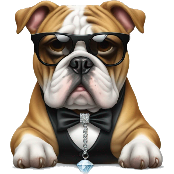 Bulldog wearing a tuxedo, designer sunglasses, and a diamond chain of a bulldog emoji