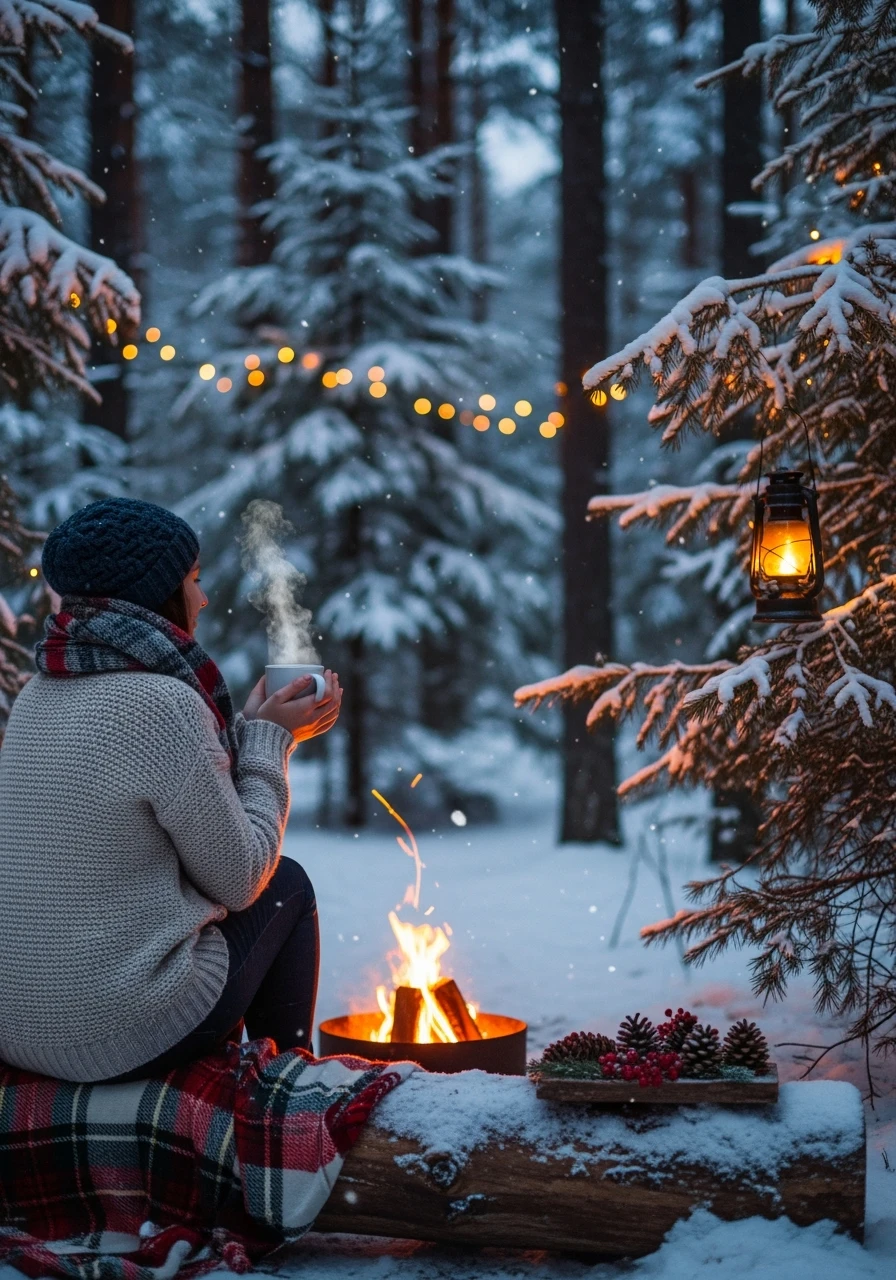 A cozy Christmas scene in the forest with a person holding a hot mug of coffee emoji