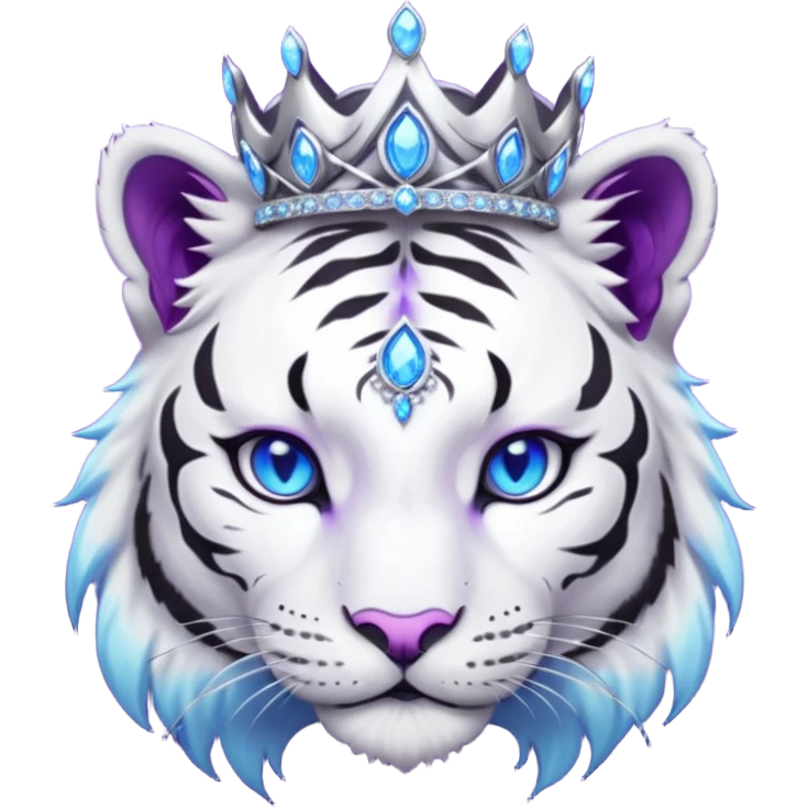 ESO Female white/black tiger khajiit leader of the umbral rose, glowing blue eyes, glowing blue 'third eye' gem; beautiful purple gemmed silver tiara emoji