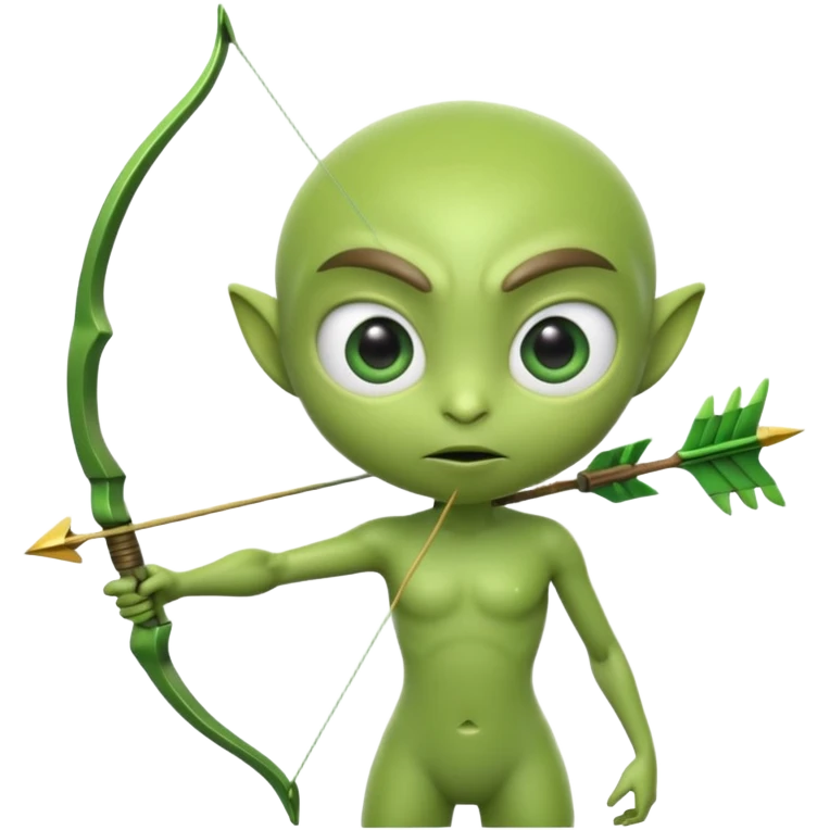 3D emoji-style green alien holding a bow and arrow, glossy texture, smooth skin, large expressive eyes, small humanoid body, minimalist background, soft lighting, Pixar-style rendering, high detail, cute but slightly serious expression, clean centered composition. emoji